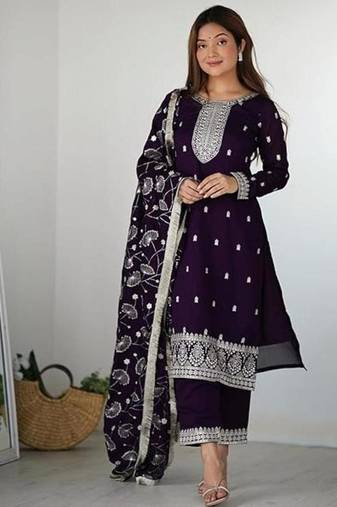 Purple color rangoli silk zari sequince embroidered work anarkali set full stitched.