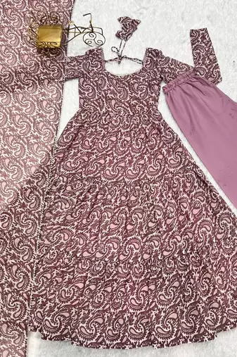 Multi pink color faux georgette printed anarkali set full stitched.