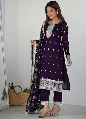 Purple rangoli silk zari sequince embroidered work anarkali set full stitched 2