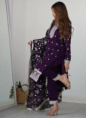 Purple rangoli silk zari sequince embroidered work anarkali set full stitched 3