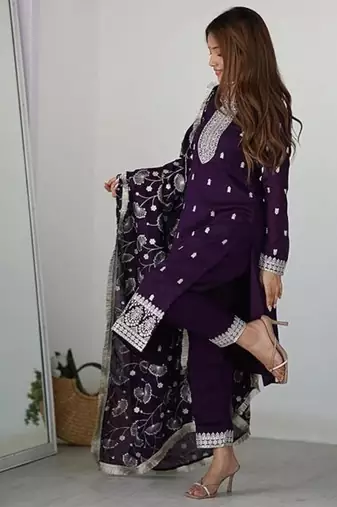 Purple color rangoli silk zari sequince embroidered work anarkali set full stitched.