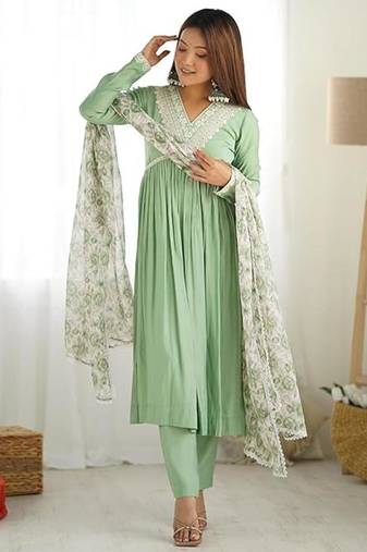 Pista color roman silk chanderi nyra cut thread dori sequence work kurta set full stitched.