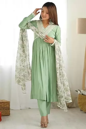 Pista color roman silk chanderi nyra cut thread dori sequence work kurta set full stitched.