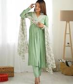 Pista color roman silk chanderi nyra cut thread dori sequence work kurta set full stitched.