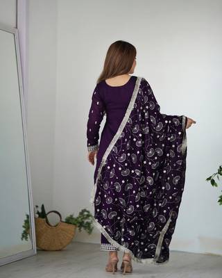 Purple rangoli silk zari sequince embroidered work anarkali set full stitched 4