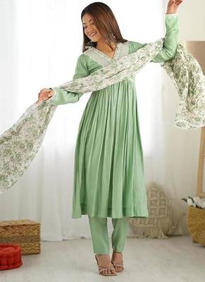 Pista roman silk chanderi nyra cut thread dori sequence work kurta set full stitched 2