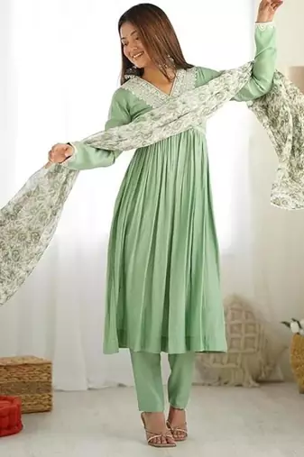 Pista color roman silk chanderi nyra cut thread dori sequence work kurta set full stitched.