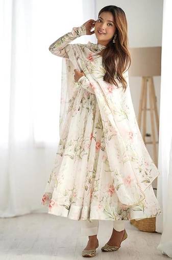 White color flower printed orgenza silk anarkali set full stitched.
