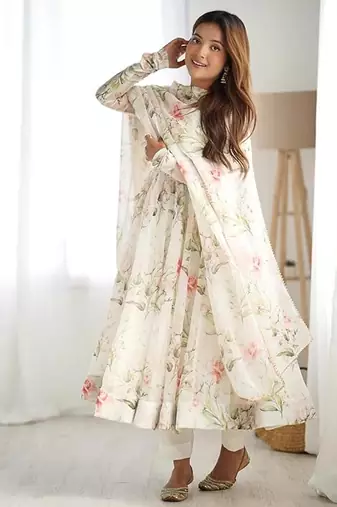 White color flower printed orgenza silk anarkali set full stitched.
