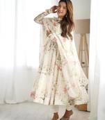 White color flower printed orgenza silk anarkali set full stitched.