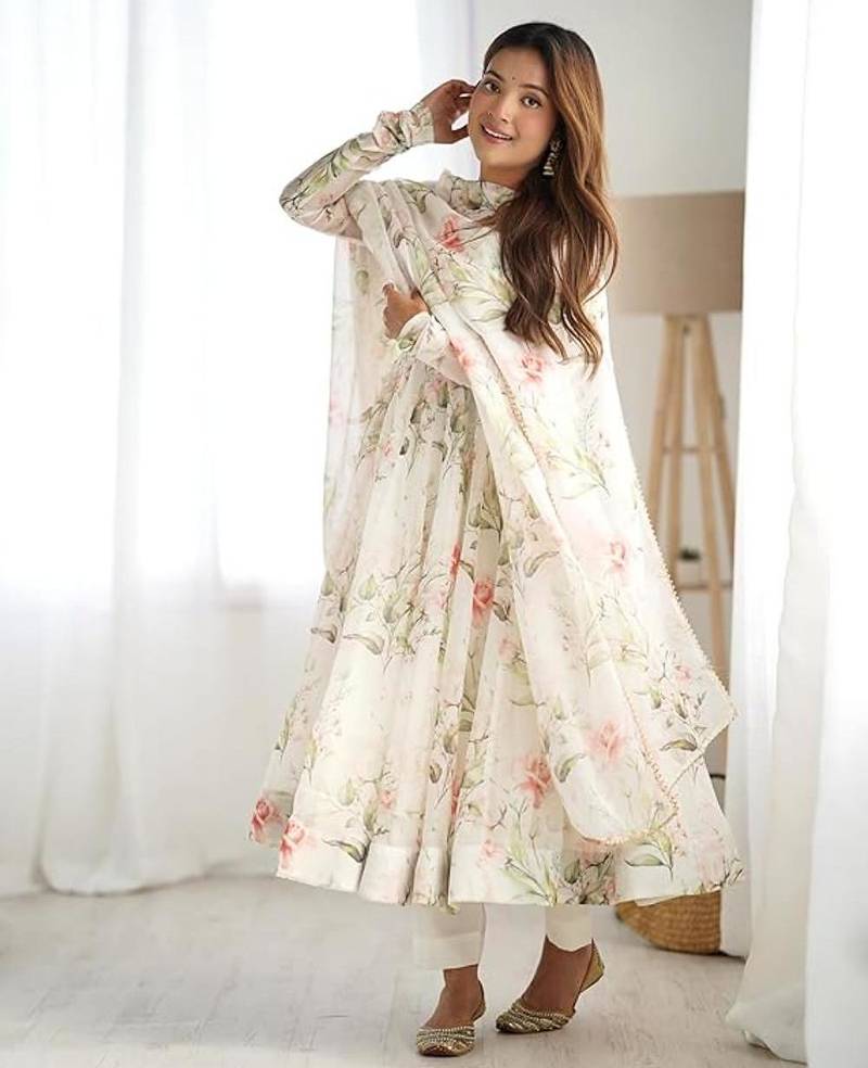 White color flower printed orgenza silk anarkali set full stitched.