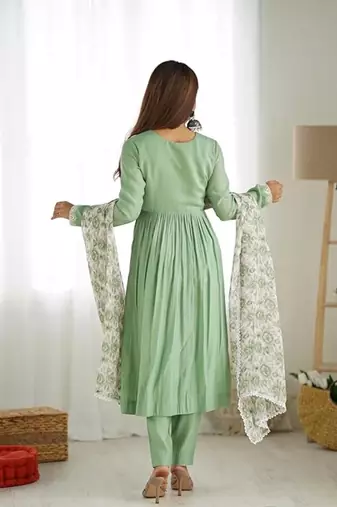 Pista color roman silk chanderi nyra cut thread dori sequence work kurta set full stitched.