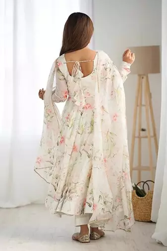 White color flower printed orgenza silk anarkali set full stitched.