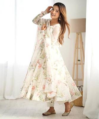 White flower printed orgenza silk anarkali set full stitched 3