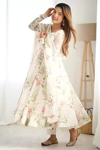 White color flower printed orgenza silk anarkali set full stitched.
