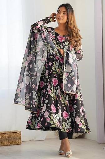 Black color flower printed orgenza silk anarkali set full stitched.