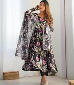 Black color flower printed orgenza silk anarkali set full stitched.