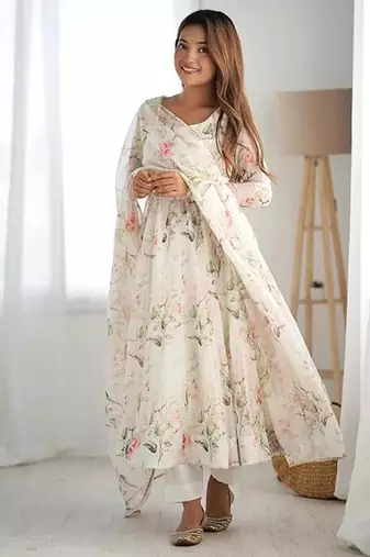 White color flower printed orgenza silk anarkali set full stitched.