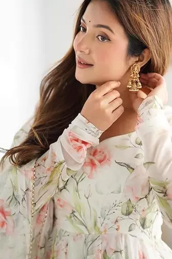 White color flower printed orgenza silk anarkali set full stitched.