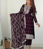 Wine color rangoli silk thread sequince embroidered work anarkali set full stitched.
