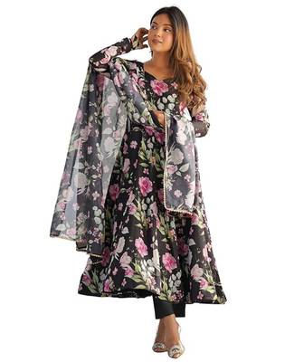 Black color flower printed orgenza silk anarkali set full stitched 3