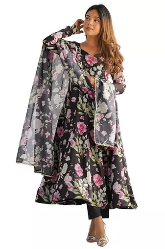 Black color flower printed orgenza silk anarkali set full stitched.