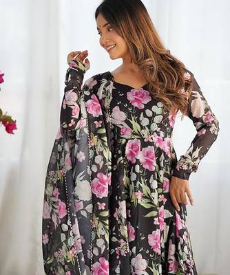 Black color flower printed orgenza silk anarkali set full stitched 4