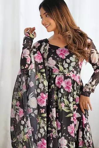 Black color flower printed orgenza silk anarkali set full stitched.