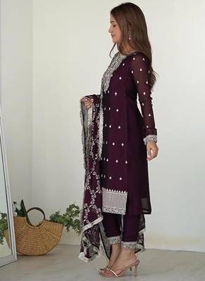 Wine rangoli silk thread sequince embroidered work anarkali set full stitched 2