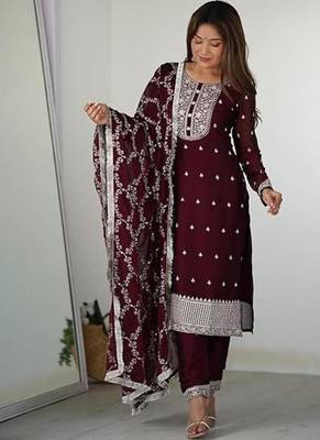 Maroon color rangoli silk thread sequince embroidered work anarkali set full stitched 1