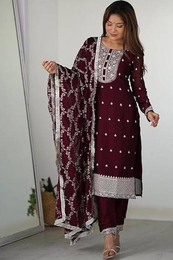 Maroon color rangoli silk thread sequince embroidered work anarkali set full stitched.