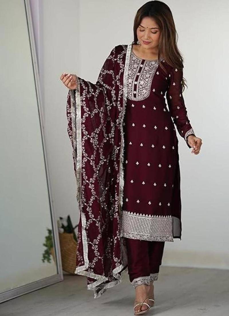 Maroon color rangoli silk thread sequince embroidered work anarkali set full stitched.