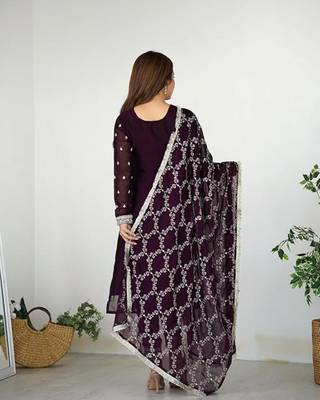 Wine rangoli silk thread sequince embroidered work anarkali set full stitched 3