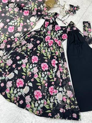 Black color flower printed orgenza silk anarkali set full stitched 5