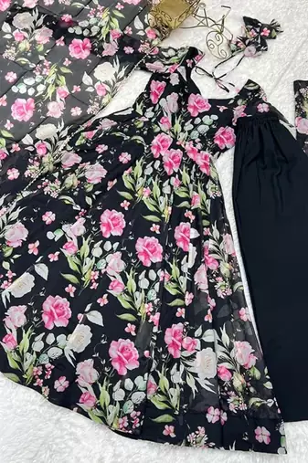 Black color flower printed orgenza silk anarkali set full stitched.