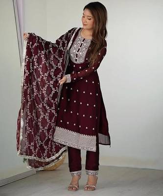 Maroon color rangoli silk thread sequince embroidered work anarkali set full stitched 2