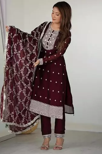 Maroon color rangoli silk thread sequince embroidered work anarkali set full stitched.