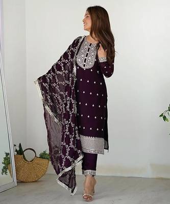 Wine rangoli silk thread sequince embroidered work anarkali set full stitched 4
