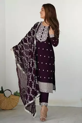 Wine color rangoli silk thread sequince embroidered work anarkali set full stitched.