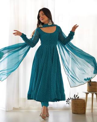 Rama green leheriya print faux georgette anarkali set full stitched 1