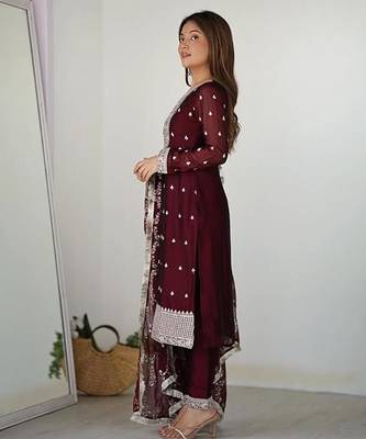 Maroon color rangoli silk thread sequince embroidered work anarkali set full stitched 3
