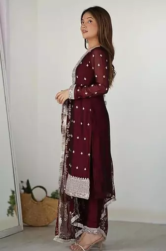 Maroon color rangoli silk thread sequince embroidered work anarkali set full stitched.