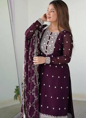 Wine rangoli silk thread sequince embroidered work anarkali set full stitched 5
