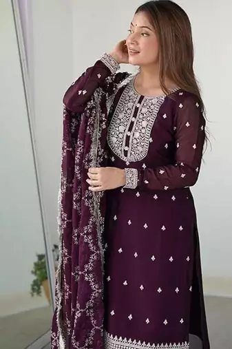 Wine color rangoli silk thread sequince embroidered work anarkali set full stitched.