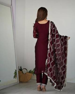 Maroon color rangoli silk thread sequince embroidered work anarkali set full stitched 4