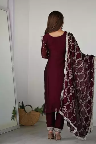 Maroon color rangoli silk thread sequince embroidered work anarkali set full stitched.