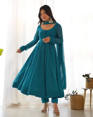 Rama green leheriya print faux georgette anarkali set full stitched 2