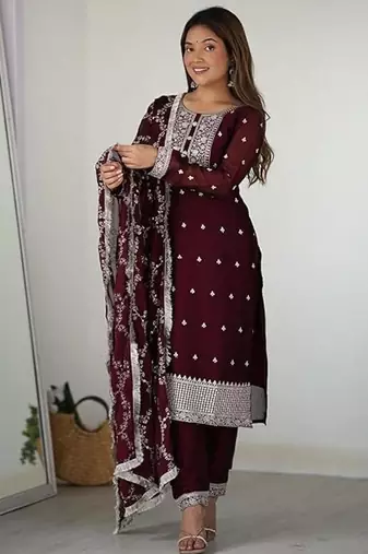 Maroon color rangoli silk thread sequince embroidered work anarkali set full stitched.