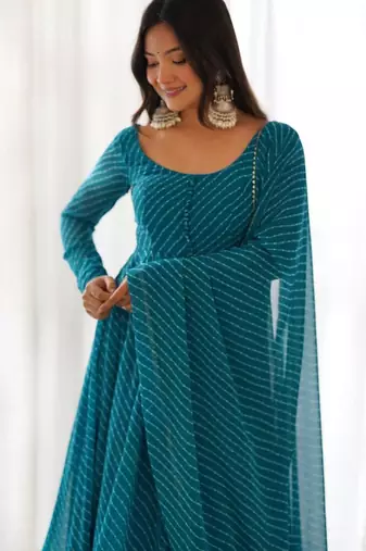 Rama green color leheriya print faux georgette anarkali set full stitched.