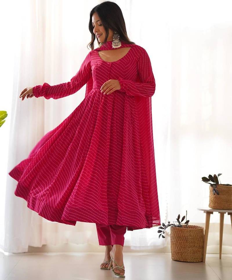 Pink color leheriya print faux georgette anarkali set full stitched.